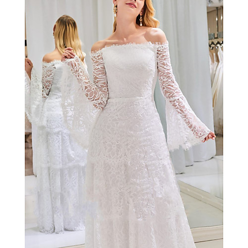 

A-Line Wedding Dresses Off Shoulder Sweep / Brush Train Lace Long Sleeve Beach with Cascading Ruffles 2020