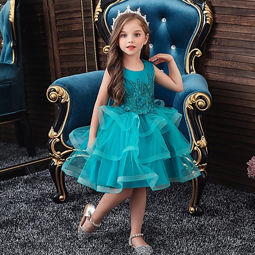 

Princess / Ball Gown Knee Length Wedding / Party Flower Girl Dresses - Tulle Sleeveless Jewel Neck with Bow(s) / Appliques / Cascading Ruffles