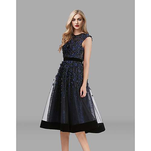 

A-Line Elegant Floral Engagement Cocktail Party Dress Jewel Neck Sleeveless Tea Length Tulle with Appliques 2020