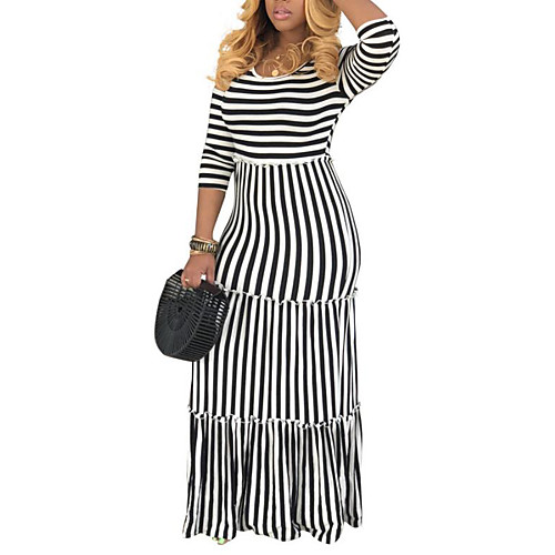 

Women's Sheath Dress Maxi long Dress - Long Sleeve Striped Patchwork Spring Summer Casual Daily 2020 White Blue Red S M L XL XXL XXXL