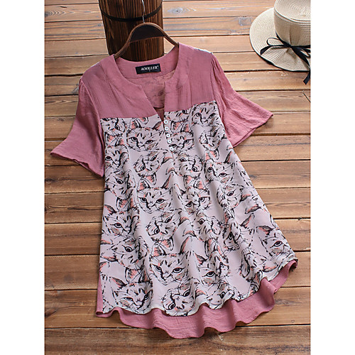 

Women's Tops Animal Cat Blouse - Print V Neck Basic Daily Summer Blushing Pink Green M L XL 2XL 3XL 4XL