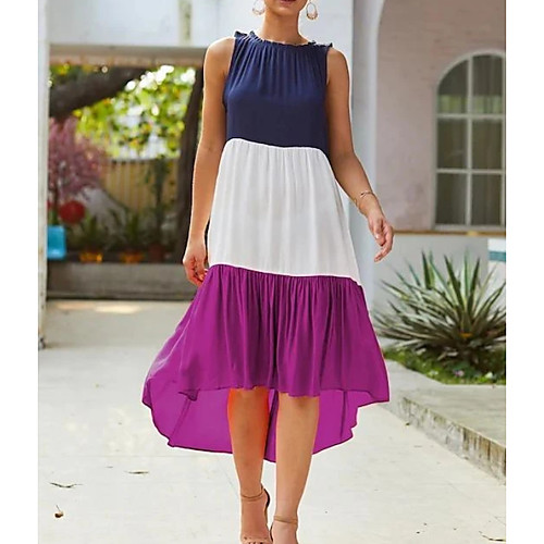 

Women's A-Line Dress Midi Dress - Sleeveless Color Block Summer Casual Daily 2020 Navy Blue M L XL XXL XXXL
