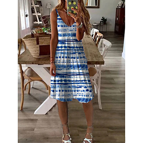 

Women's A-Line Dress Knee Length Dress - Sleeveless Geometric Print Summer Casual Daily 2020 Blue M L XL XXL XXXL