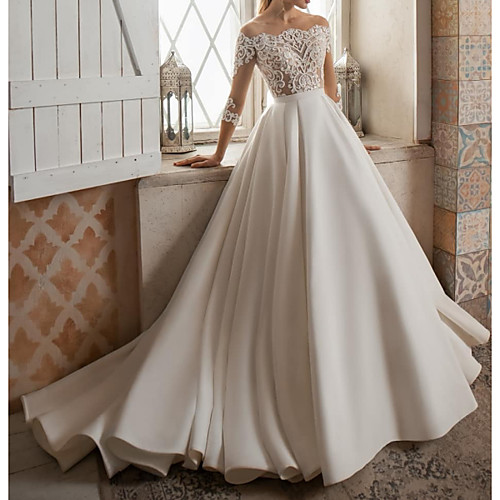 

A-Line Wedding Dresses Bateau Neck Sweep / Brush Train Lace Satin 3/4 Length Sleeve Formal See-Through with Embroidery 2021