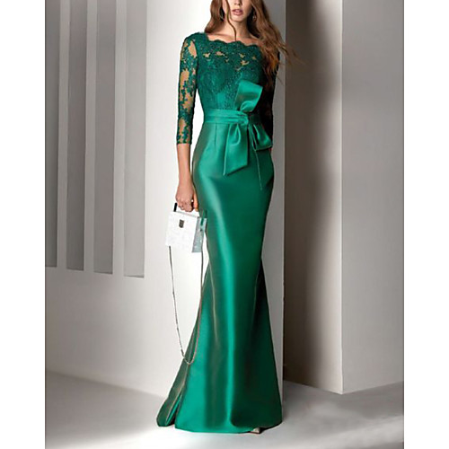 

Mermaid / Trumpet Elegant Beautiful Back Engagement Formal Evening Dress Scalloped Neckline 3/4 Length Sleeve Floor Length Lace Satin with Sash / Ribbon Embroidery 2020