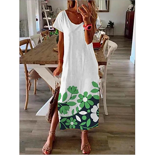 

Women's A Line Dress Maxi long Dress White Black Short Sleeve Print Summer Round Neck Hot Casual Mumu 2021 S M L XL XXL 3XL