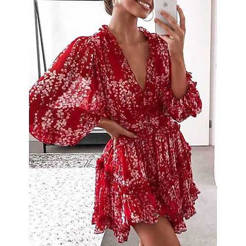 

Women's Chiffon Dress Short Mini Dress - Long Sleeve Floral Summer Sexy Mumu 2020 Red S M L XL