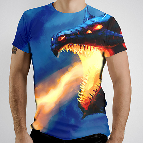 

Men's T shirt Graphic Flame Animal Print Short Sleeve Daily Tops Basic Blue