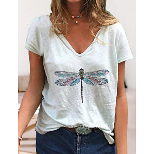 

Women's T shirt Graphic Printing V Neck Tops Cotton Basic Top White