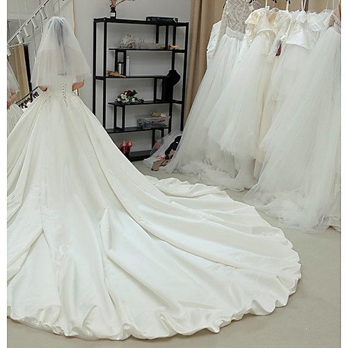 

A-Line Wedding Dresses Strapless Cathedral Train Matte Satin Sleeveless Romantic Elegant with Ruched 2020