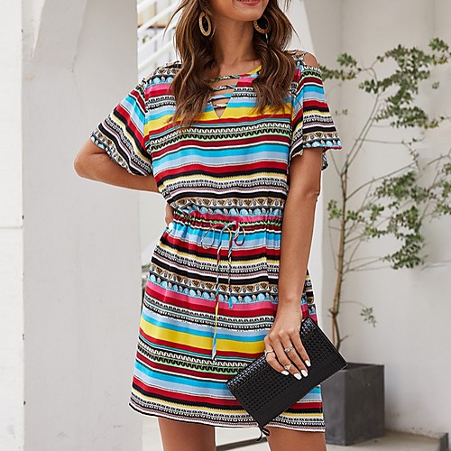 

Women's A-Line Dress Knee Length Dress - Short Sleeves Striped Summer Casual 2020 Red S M L XL