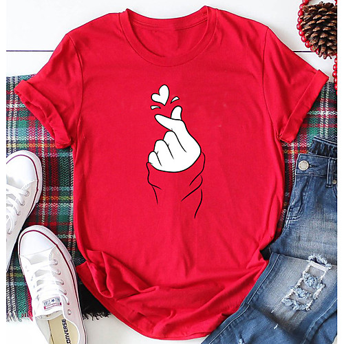 

Women's T shirt Heart Abstract Graphic Prints Print Round Neck Tops 100% Cotton Basic Streetwear Basic Top Red Yellow Blushing Pink