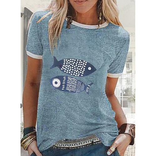 

Women's T-shirt Animal Tops Round Neck Daily Summer Blue Light Green S M L XL 2XL