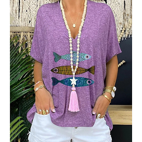 

Women's T-shirt Animal Tops V Neck Daily Summer Blue Purple Red S M L XL 2XL 3XL