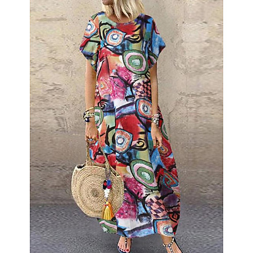 

Women's A-Line Dress Maxi long Dress - Short Sleeves Print Summer Casual Chinoiserie 2020 Red Yellow M L XL XXL XXXL XXXXL XXXXXL