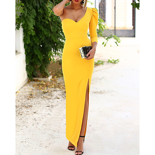 

Mermaid / Trumpet Elegant Minimalist Wedding Guest Prom Dress One Shoulder Long Sleeve Floor Length Stretch Satin with Split 2020