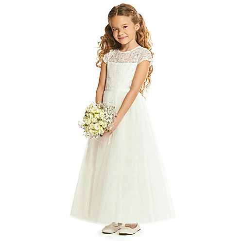 

Sheath / Column Floor Length Wedding / Party Flower Girl Dresses - Lace / Tulle Cap Sleeve Jewel Neck with Tier