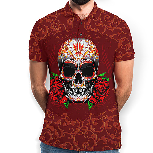

Men's Graphic Skull Print Polo Basic Daily Red