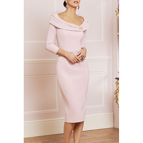 

Sheath / Column Mother of the Bride Dress Elegant Vintage Plus Size Scoop Neck Knee Length Jersey 3/4 Length Sleeve with Beading Crystal Brooch 2020