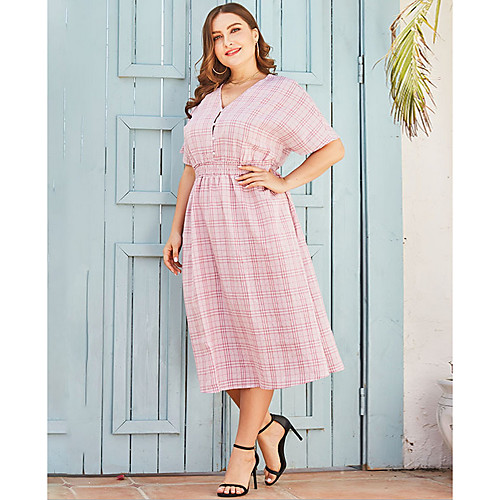 

Women's A-Line Dress Midi Dress - Short Sleeves Color Block Summer Casual 2020 Blushing Pink L XXL XXXL