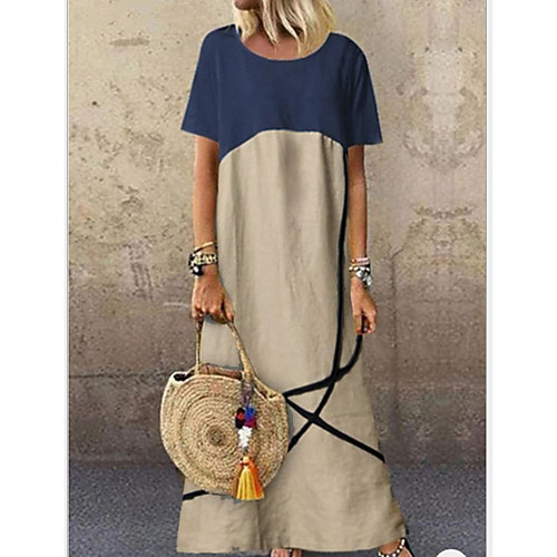 

Women's A Line Dress Knee Length Dress Orange Khaki Short Sleeve Color Block Summer Round Neck Work Hot 2021 L XL XXL 3XL 4XL 5XL