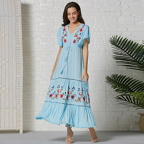 

Women's Swing Dress Maxi long Dress - Short Sleeves Floral Summer Casual 2020 Light Blue S M L XL XXL