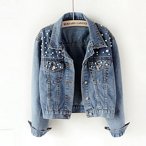 

Women's Solid Colored Denim Jacket Regular Daily Long Sleeve Polyester Coat Tops Blue