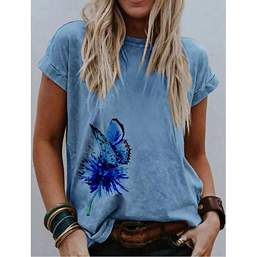 

Women's T shirt Graphic Butterfly Printing Round Neck Tops Cotton Basic Top Blue Khaki