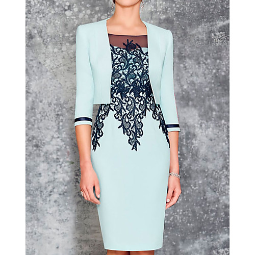 

Two Piece Sheath / Column Mother of the Bride Dress Elegant Jewel Neck Knee Length Chiffon 3/4 Length Sleeve with Appliques Split Front 2020