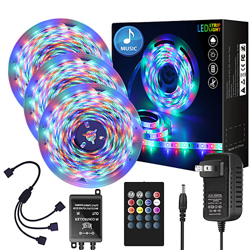 

50ft 3 x 5 Meter Music Synchronous Happy Multicolour Light Strip 2835 RGB Waterproof LED Flexible Light Strip with 20 key IR Controller Optional with Adapter Kit DC12V