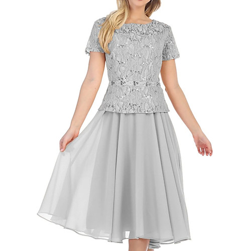 

A-Line Mother of the Bride Dress Elegant Jewel Neck Tea Length Chiffon Lace Short Sleeve with Sequin 2021