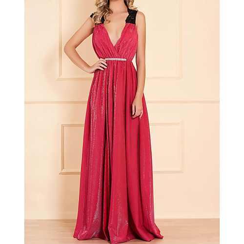 

A-Line Sparkle Sexy Wedding Guest Formal Evening Dress V Neck Sleeveless Floor Length Nylon with Pleats Beading Split 2021