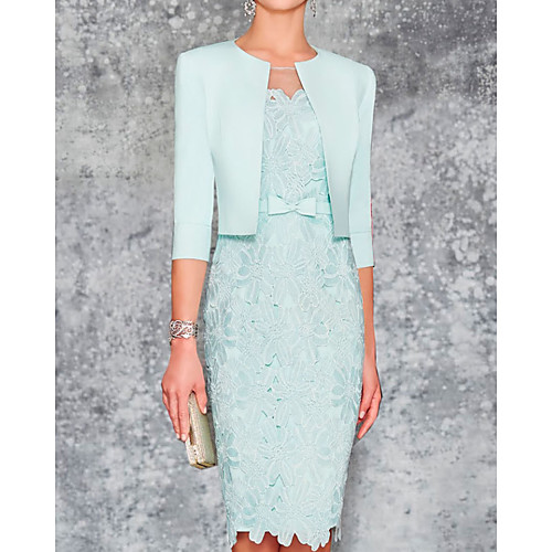 

Two Piece Sheath / Column Mother of the Bride Dress Elegant Illusion Neck Knee Length Chiffon 3/4 Length Sleeve with Sash / Ribbon Bow(s) Appliques 2020