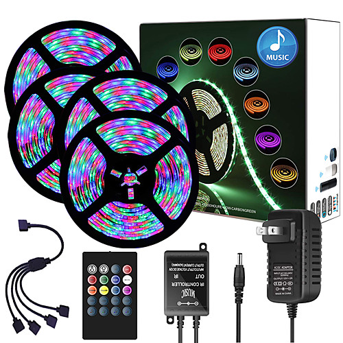 

65ft 4x 5 Meter Music Synchronous Happy Multicolour Light Strip 2835 RGB LED Flexible Light Strip with 20 key IR Controller Optional with Adapter Kit DC12V