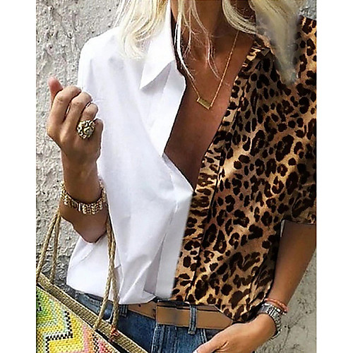 

Women's Daily Plus Size Blouse Shirt Leopard Long Sleeve Loose Tops Shirt Collar White Blue Red