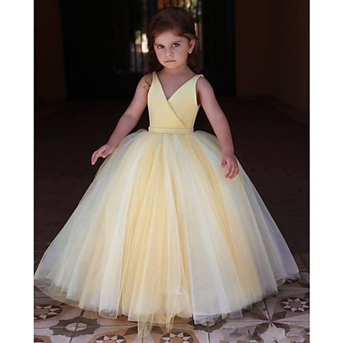 

Princess / Ball Gown Floor Length Wedding / Party Flower Girl Dresses - Satin / Tulle Sleeveless V Neck with Pleats / Solid