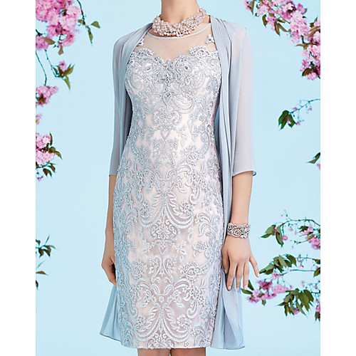 

Two Piece Sheath / Column Mother of the Bride Dress Elegant Jewel Neck Knee Length Lace 3/4 Length Sleeve with Embroidery 2020