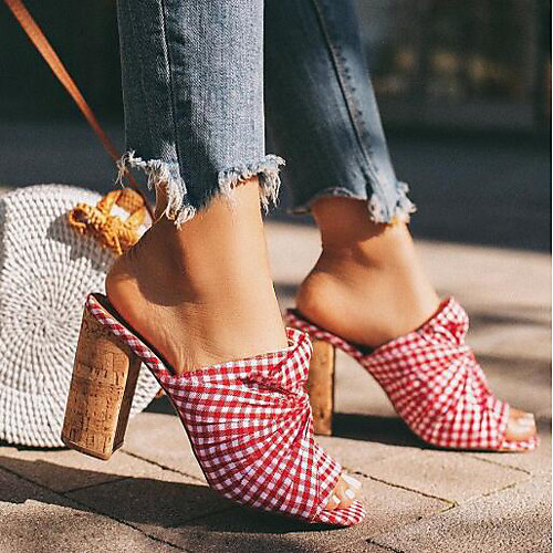 

Women's Sandals / Clogs & Mules Summer Cuban Heel Peep Toe Sweet Daily Plaid / Check Cowhide Red