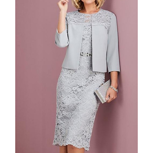 

Two Piece Sheath / Column Mother of the Bride Dress Elegant Jewel Neck Knee Length Lace Satin 3/4 Length Sleeve with Beading Embroidery 2020
