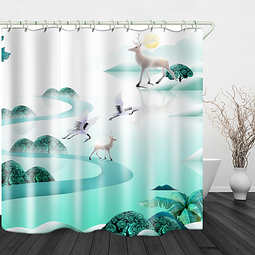 

White Deer Background Digital Print Waterproof Fabric Shower Curtain for Bathroom Home Decor Covered Bathtub Curtains Liner Includes with Hooks