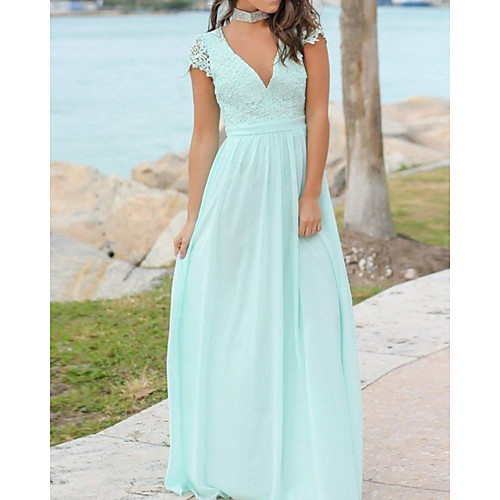 

A-Line V Neck Floor Length Chiffon Bridesmaid Dress with Pleats