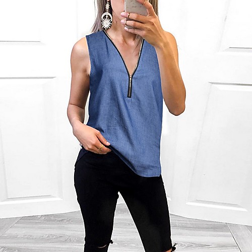 

Women's Tank Top Solid Colored V Neck Tops Basic Top Blue