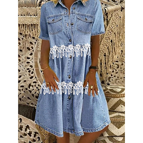 

Women's Denim Shirt Dress Knee Length Dress Blue Short Sleeve Floral Summer Shirt Collar Casual 2021 M L XL XXL 3XL