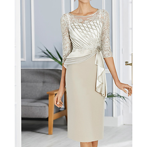 

Sheath / Column Mother of the Bride Dress Elegant Illusion Neck Jewel Neck Knee Length Lace Satin Tulle 3/4 Length Sleeve with Beading Flower 2020