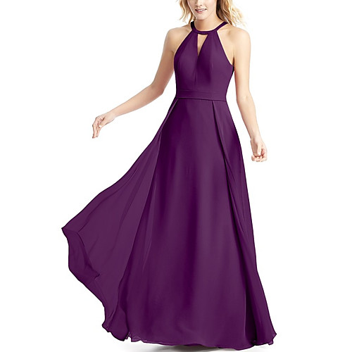 

A-Line Halter Neck Floor Length Chiffon Bridesmaid Dress with Sash / Ribbon