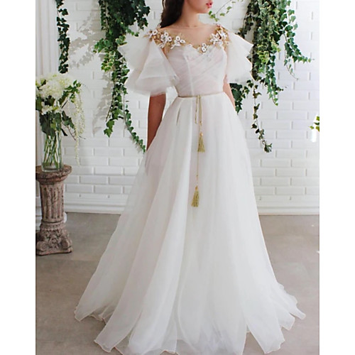 

A-Line Elegant Floral Engagement Prom Dress Illusion Neck Short Sleeve Floor Length Tulle with Pleats 2021