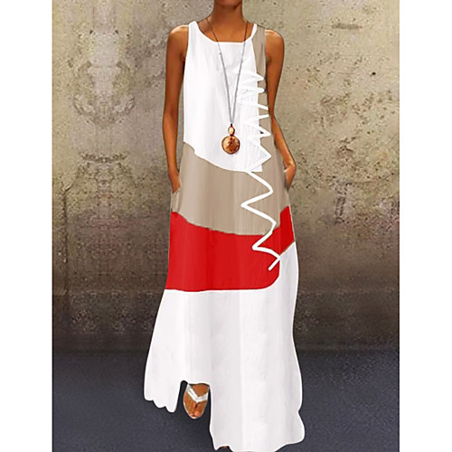 

Women's A-Line Dress Maxi long Dress - Sleeveless Color Block Print Summer Plus Size Casual Daily Holiday 2020 White Blue Red Khaki S M L XL XXL XXXL XXXXL XXXXXL