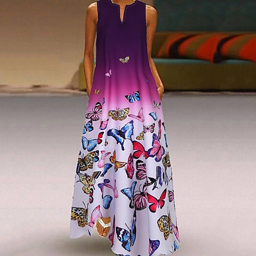 

Women's Plus Size A-Line Dress Butterfly Maxi long Dress - Sleeveless Color Gradient Print Summer V Neck Casual 2020 Blue Purple Red S M L XL XXL XXXL XXXXL XXXXXL