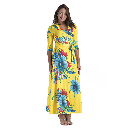 

Women's Swing Dress Maxi long Dress - 3/4 Length Sleeve Floral Summer Fall Casual Sexy 2020 Purple Yellow S M L XL