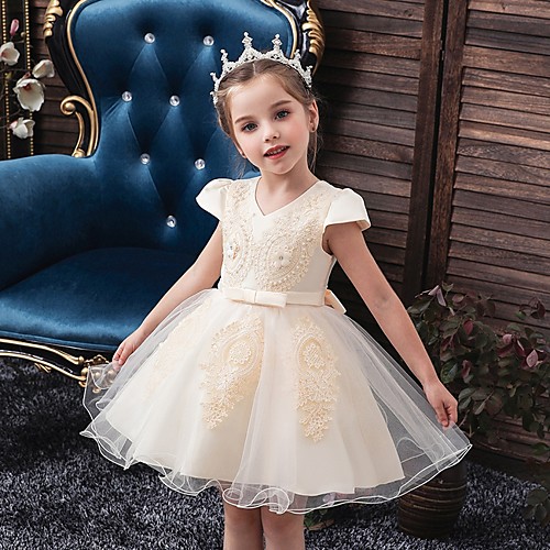 

Princess / Ball Gown Knee Length Wedding / Party Flower Girl Dresses - Tulle Short Sleeve V Neck with Sash / Ribbon / Bow(s) / Appliques